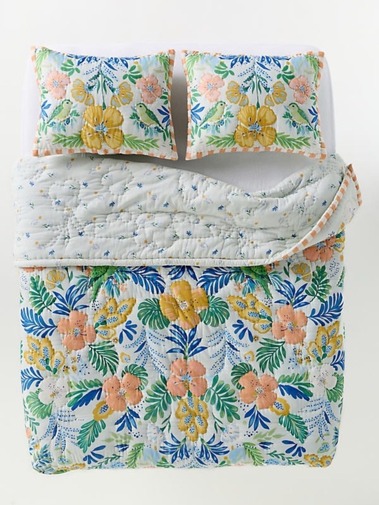 Anthropologie Other - Anthropologie Ellen Merchant Yellow Bird Floral Parrot Quilted Queen Comforter